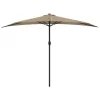 Parasol demi-lune taupe avec mât aluminium pour balcon. Mécanisme à manivelle argenté et cadran UP/DOWN sur mât de parasol.