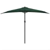 Parasol demi-lune vert foncé avec mât aluminium pour balcon. Mécanisme à manivelle argenté et cadran UP/DOWN sur mât de parasol.