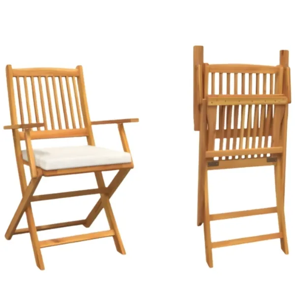 Lot de 2 chaises pliantes de balcon en bois d’acacia avec accoudoirs et coussin – crème – Image 4