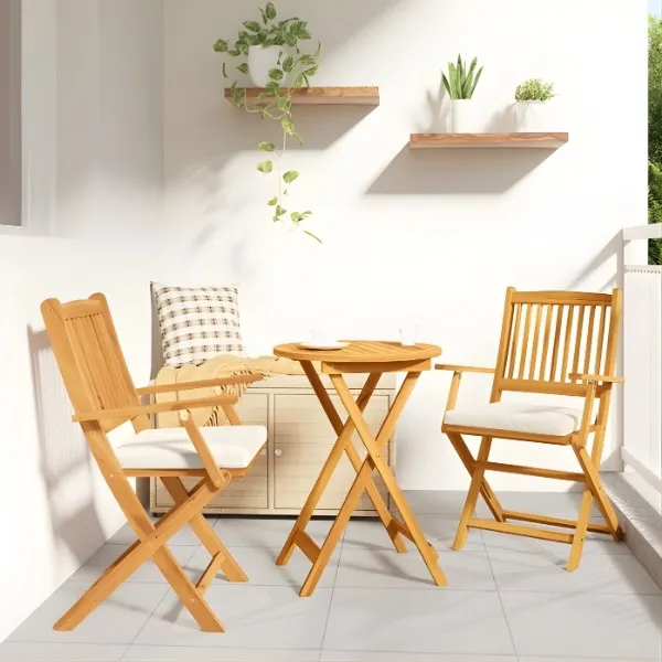 Lot de 2 chaises pliantes de balcon en bois d’acacia avec accoudoirs et coussin – crème – Image 3