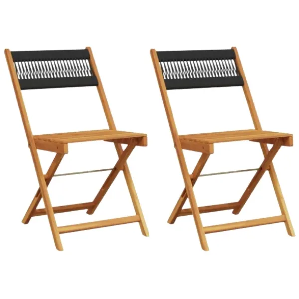 Lot de deux chaises pliantes d'extérieur en bois naturel avec dossier en corde tressée noire, style contemporain et pratique pour balcon ou terrasse.
