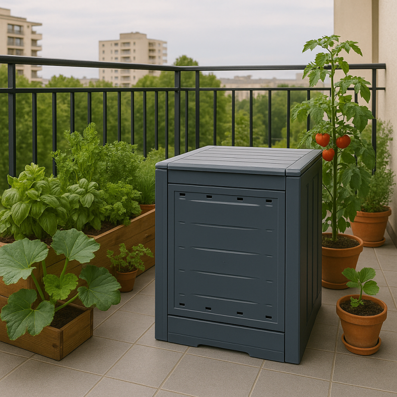 Composteur de balcon 780L gris anthracite en plastique robuste texturé bois.