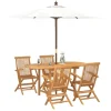 Ensemble able ovale et 4 chaises avec accoudoirs de balcon en teck massif marron.
