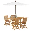 Ensemble table ovale et 4 chaises sans accoudoirs de balcon en teck massif marron.