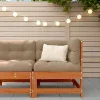 Fauteuil d'angle modulaire pin massif marron, coussins taupe, idéal terrasse et balcon.