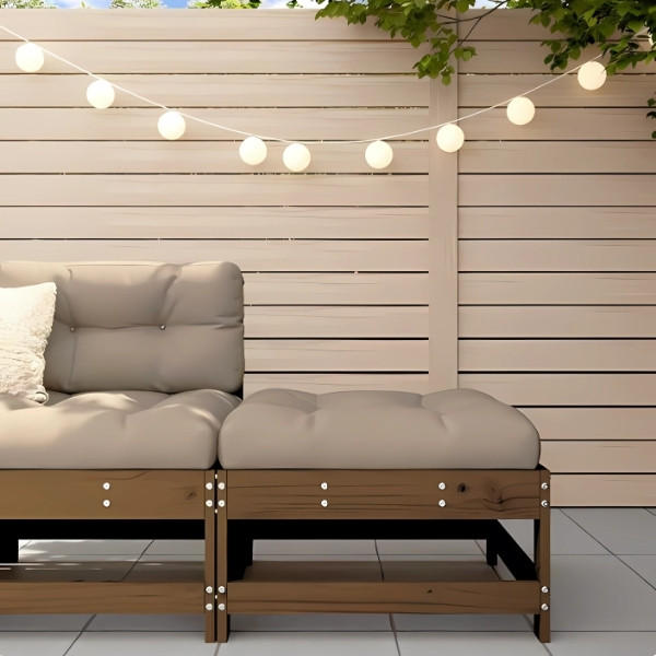 Repose-pieds de balcon modulable en pin massif brun avec coussin taupe confortable.