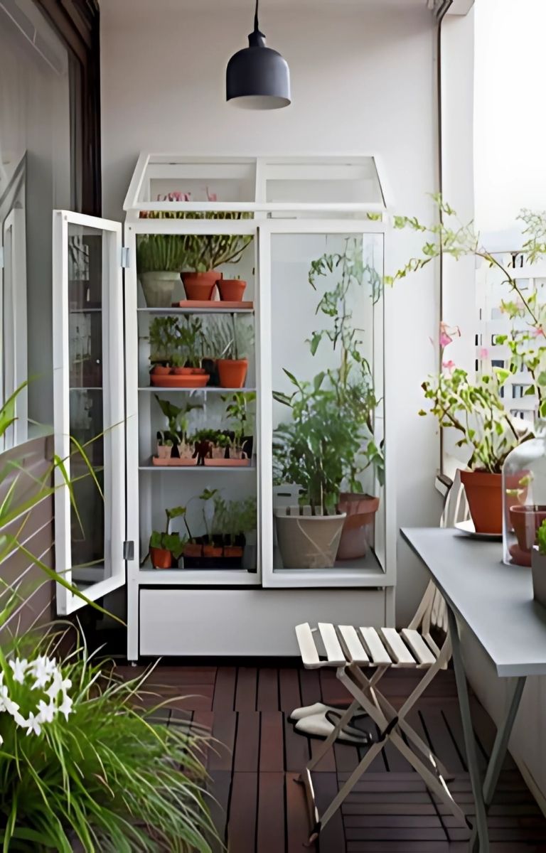Petit balcon transformé avec une serre et des plantes colorées