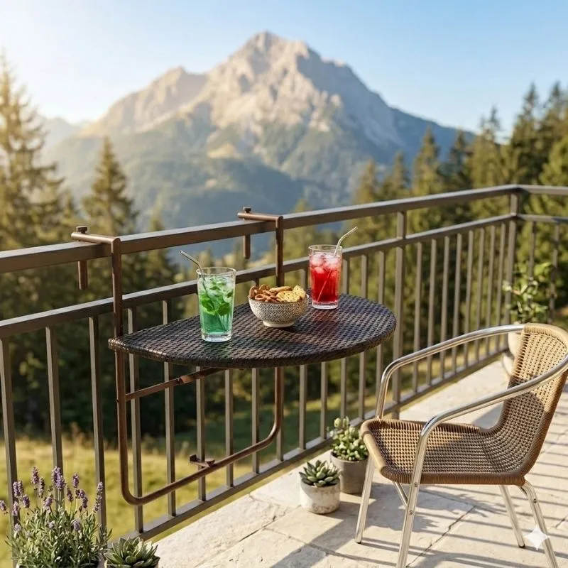 Table de balcon suspendue pliable marron effet rotin tressé.