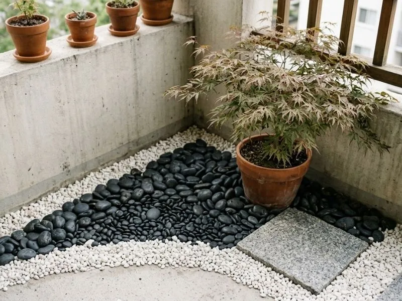 Aménagement zen d'un coin de balcon avec galets noirs, gravier blanc et érable du Japon en pot.