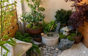 Balcon aménagé dans un style japonais avec érable en pot, bambou, pierres décoratives et fontaine zen, créant une atmosphère apaisante et naturelle
