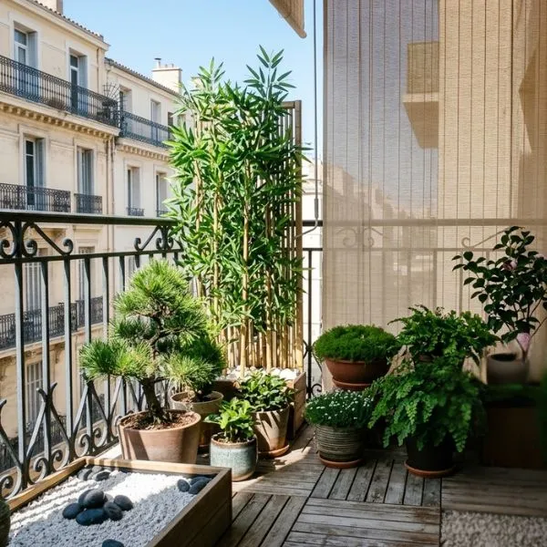 Aménagement de plantes japonaises en pot selon l'exposition au soleil du balcon.