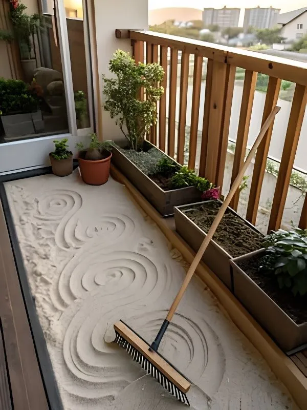 Petit jardin zen karesansui avec sable blanc ratissé et pierres naturelles sur un balcon.