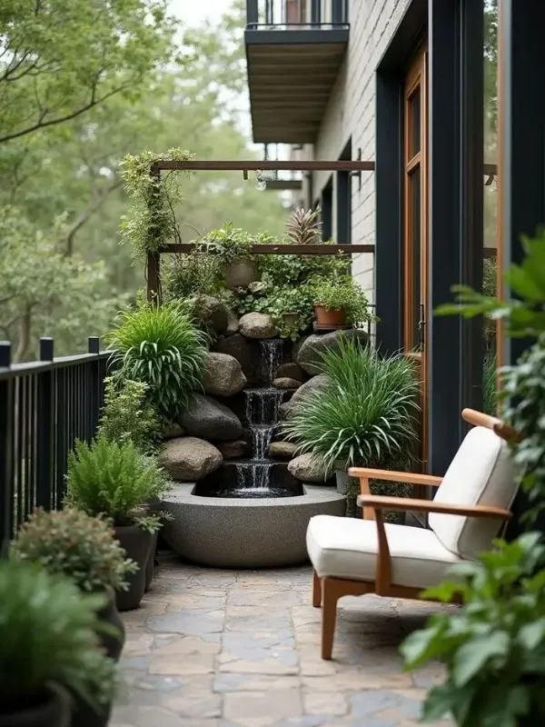 Fontaine sur un balcon pour créer un effet de profondeur visuelle.