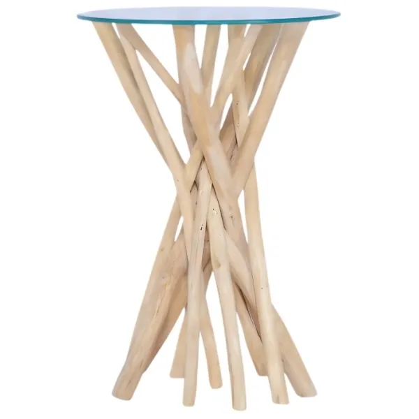 Table haute avec plateau en verre rond et pied sculptural composé de branches en bois de teck flotté naturel, style rustique et organique.