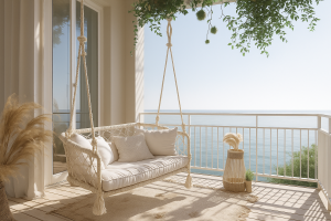 Balancelle bohème en corde suspendue sur un balcon ensoleillé face à la mer, décor naturel et apaisant avec coussins beiges et plantes vertes.