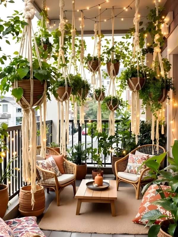 Balcon bohème décoré avec des plantes suspendues en macramé, des fauteuils en rotin, des coussins colorés et des guirlandes lumineuses pour une ambiance chaleureuse et naturelle.