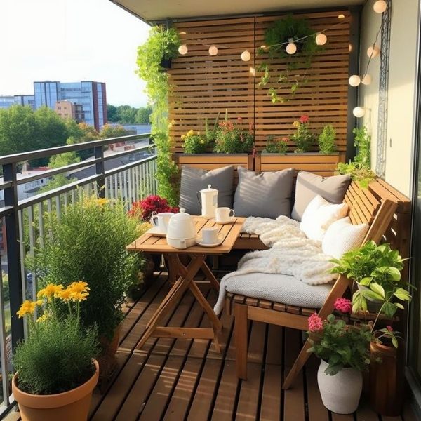 Petit balcon aménagé avec des meubles en bois, des coussins gris et beiges, des plantes fleuries et une guirlande lumineuse pour une ambiance chaleureuse et relaxante.