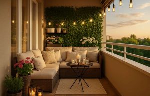 Balcon confortable avec canapé d’angle en rotin, coussins beiges, plantes vertes et guirlande lumineuse suspendue au coucher du soleil.