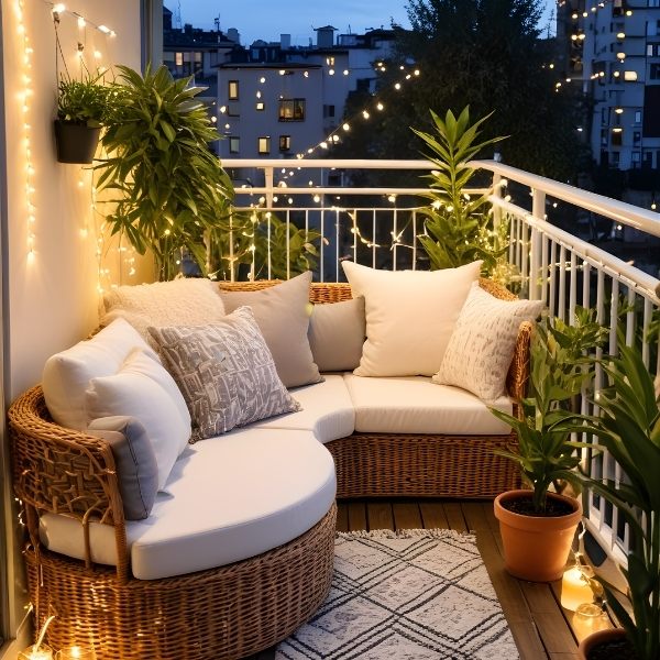 Balcon cosy aménagé avec un canapé en rotin, des coussins moelleux, des guirlandes lumineuses et des plantes vertes pour une ambiance chaleureuse et relaxante en soirée