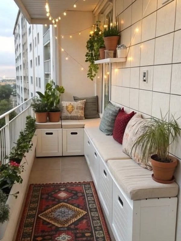 Petit balcon étroit décoré avec une banquette blanche à rangements, des coussins colorés, un tapis oriental et des guirlandes lumineuses pour une ambiance chaleureuse.