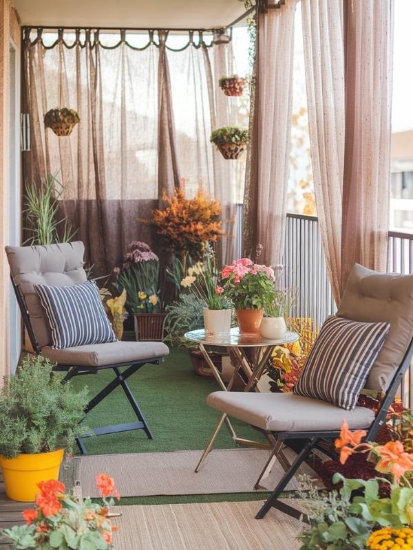 Balcon décoré avec des chaises pliantes confortables, des coussins à rayures, des plantes fleuries et des rideaux légers créant une ambiance chaleureuse et intime.