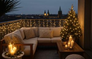Balcon hivernal décoré avec guirlandes lumineuses, bougies et sapin de Noël, créant une ambiance chaleureuse et cocooning pour les soirées d’hiver.