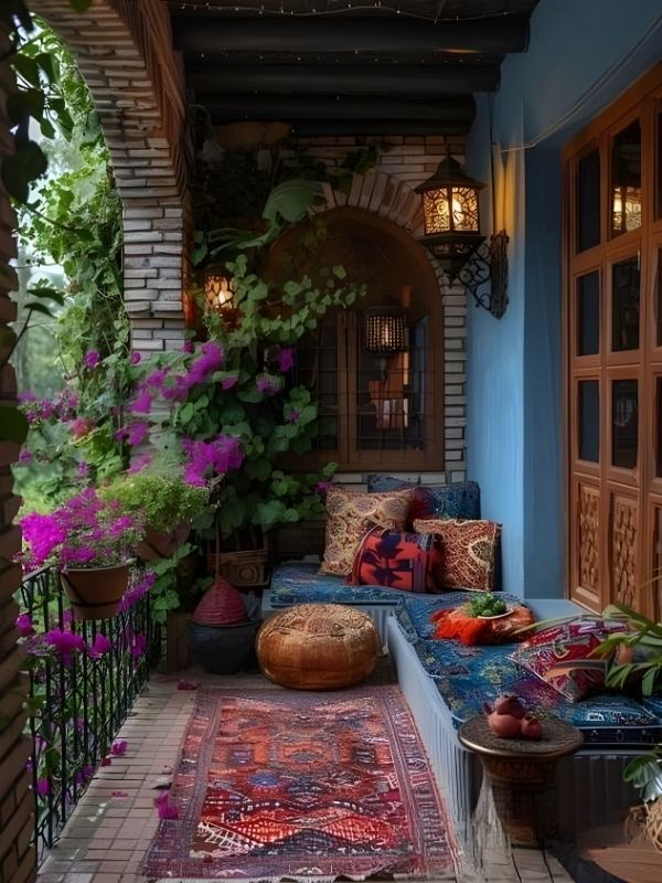 Balcon oriental chaleureux décoré de lanternes suspendues, tapis coloré, coussins traditionnels et bougainvilliers fleuris