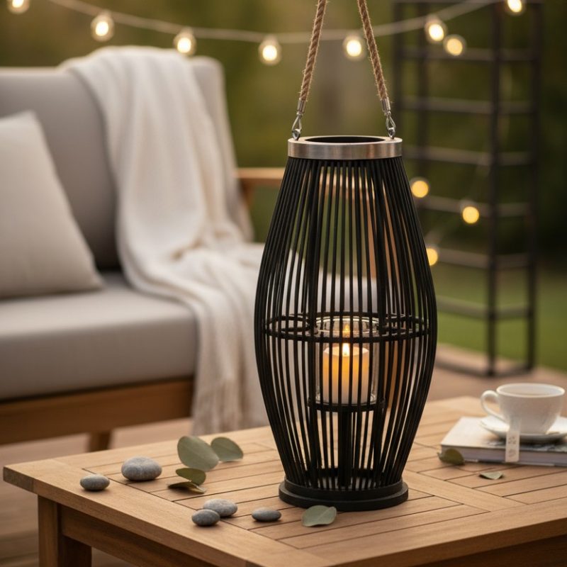 Lanterne bambou noir 60cm, design ajouré, photophore verre, poignée corde tressée