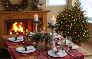 table de Noël chaleureuse décorée avec bougies blanches, nappes écossaises rouges, verres vintage et centre de table en sapin, devant une cheminée allumée et un sapin illuminé