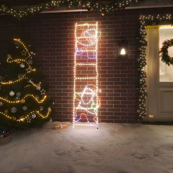 Guirlande LED représentant deux Père Noël grimpant à une échelle lumineuse, décoration extérieure festive pour Noël.