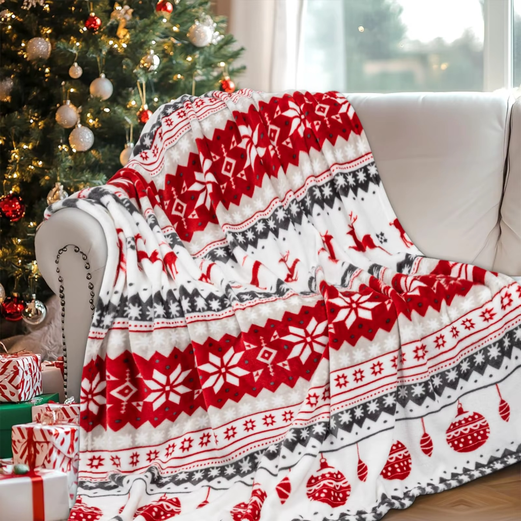 Plaid Noël blanc et rouge Fair Isle, double épaisseur en sherpa et flanelle