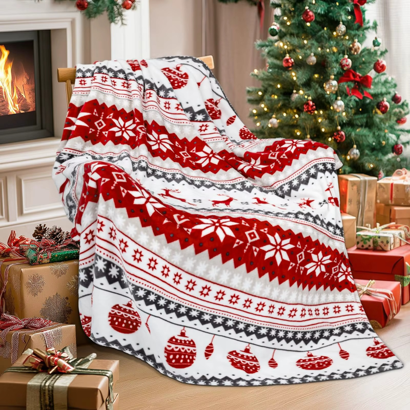 Alternative view of Plaid de Noël blanc et rouge en sherpa et flanelle