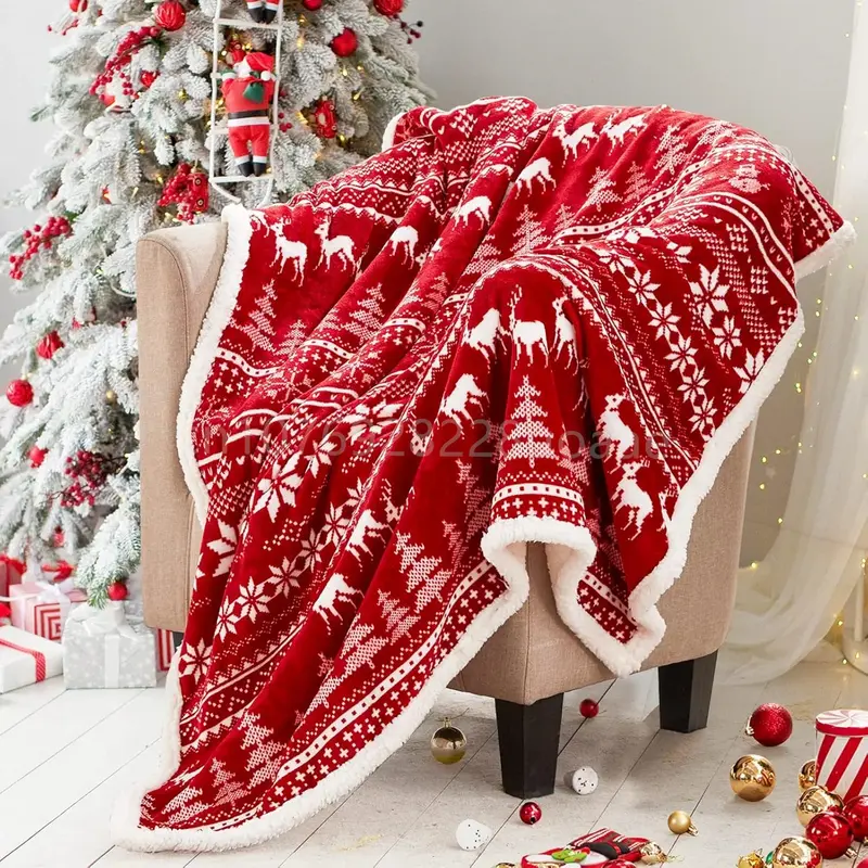 Plaid Noël rouge Fair Isle, double épaisseur en sherpa et flanelle motifs rennes.