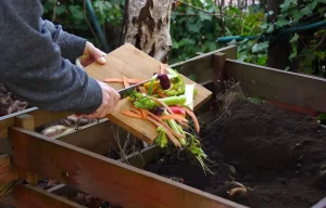Une personne verse des épluchures de légumes et de fruits depuis une planche à découper dans un bac de compostage extérieur en bois. Illustration de l'alimentation du compost