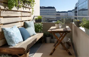Aménagement d'un petit balcon de 2m² avec du mobilier en bois de récupération, banquette en palettes et table pliante pour un espace extérieur chaleureux et végétalisé.