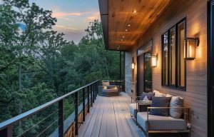 balcon eclairé par des spots au plafond et aplliques