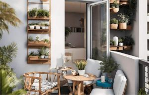 Balcon bien rangé avec étagère suspendue, mobilier en bois.