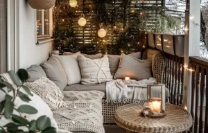 Balcon extérieur chaleureux avec un canapé d'angle en rotin et des coussins clairs, une table basse, des bougies et un mur de verdure décoré de lumières chaudes.