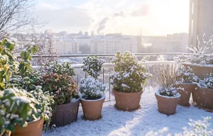 Plusieurs pots de plantes sur un balcon en hiver