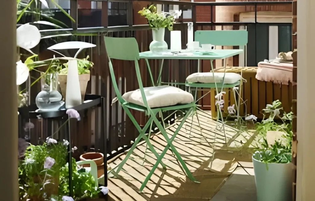 Petit mobilier de jardin vert d'eau sur un balcon urbain.
