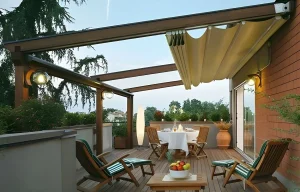 Pergola rétractable imperméable avec store pour protection pluie sur balcon