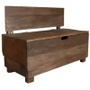 Banc de rangement en bois de récupération massif avec dossier, dimensions 86 x 40 x 60 cm. Cette banquette coffre rustique dispose d'un couvercle relevable pour le stockage et d'une assise confortable.