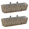 Jardinière de balcon rectangulaire en osier tressé naturel avec crochets de fixation en métal noir et doublure intérieure en plastique de protection.80x20x15cm.