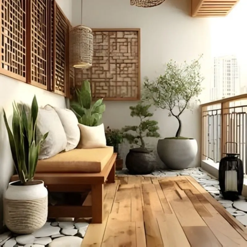 Aménagement petit balcon avec canapé en bois, tapis d'extérieur beige, plantes vertes en pots blancs et claustra en bois pour plus d'intimité.