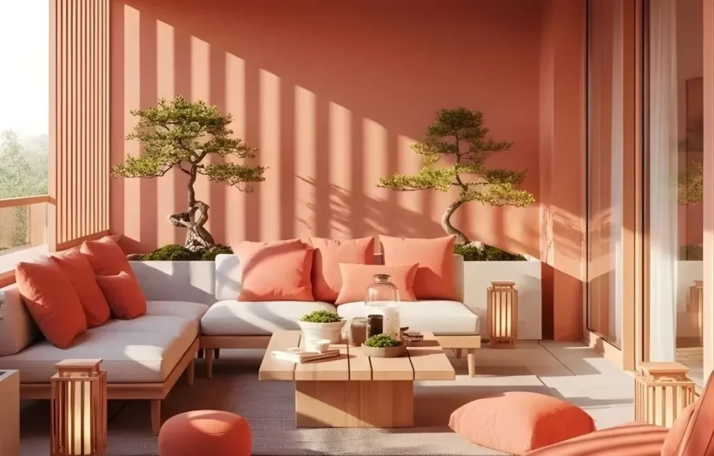 Déco terrasse cocooning style Japandi avec mur terracotta, banquette confortable, table basse en bois clair et ombres portées graphiques.