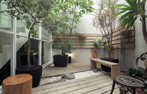 terrasse bois moderne jardin sec galets blancs banc bois minimaliste