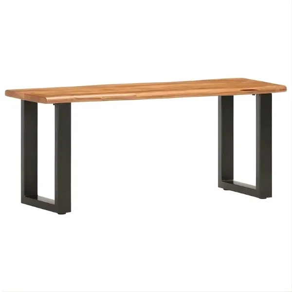Banc design industriel 110 cm, bois d'acacia massif bord naturel, pieds acier noir