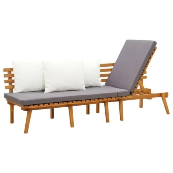 Banquette de balcon convertible en bois d'acacia, coussins gris foncé et blancs, dossier réglable.