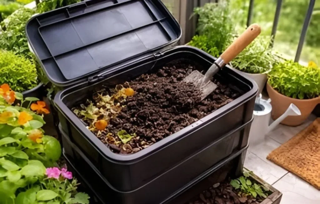 Composteur d'appartement noir avec couvercle ouvert montrant des déchets verts en décomposition.