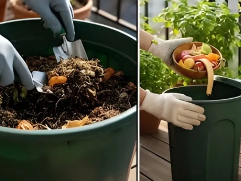 Mélange de compost organique dans un bac sur un balcon avec une truelle de jardinage.